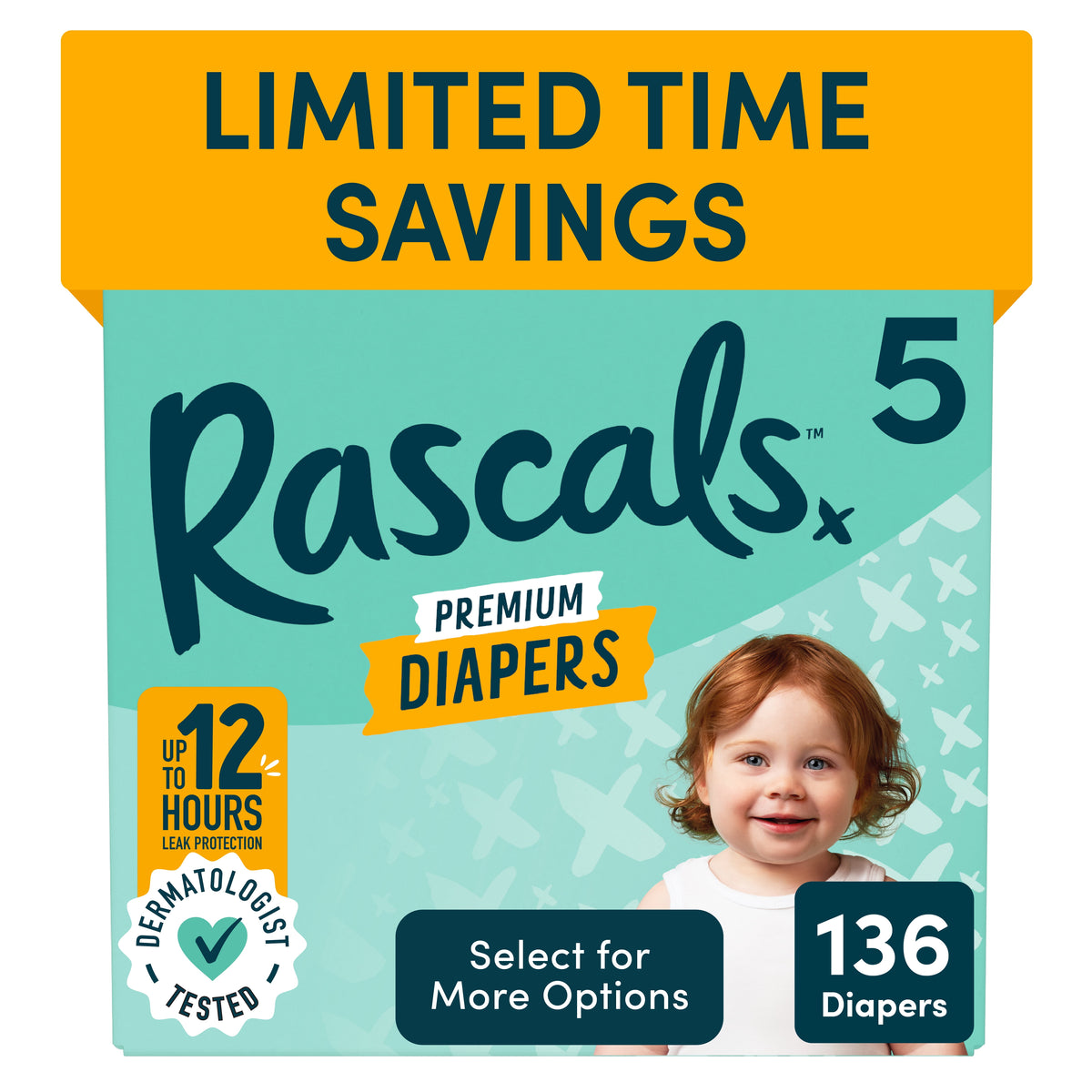 Rascals Premium Absorbent Baby Diapers Size 5, 136 Count
