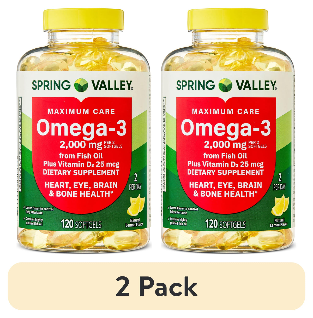 Spring Valley Maximum Care Omega-3 from Fish Oil Dietary Supplement Softgels for Eye Brain Bone & Heart Health, 2000 mg, 120 Count