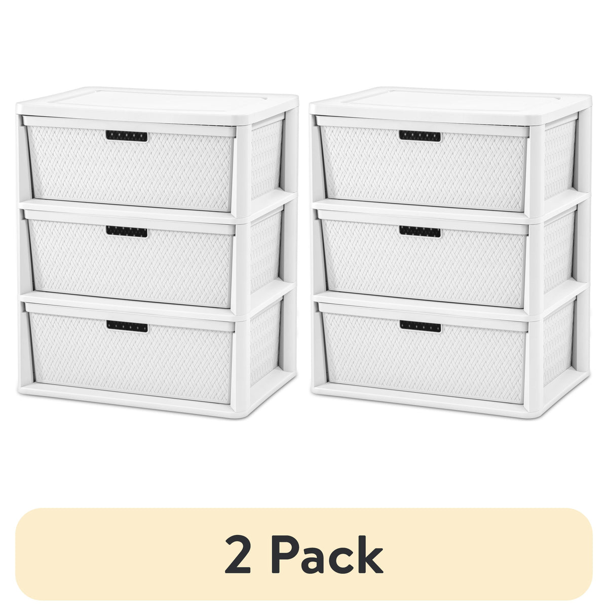 (2 pack) Sterilite Wide 3 Drawer Tower, Plastic Storage Organizer with Removable Decorative Bins, Easy Assembly, No Tools Needed, Brown