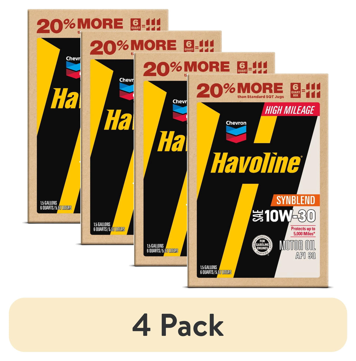 (2 pack) Chevron Havoline High Mileage Synthetic Technology Motor Oil 10W-30, 6 Quart Smart Change Box
