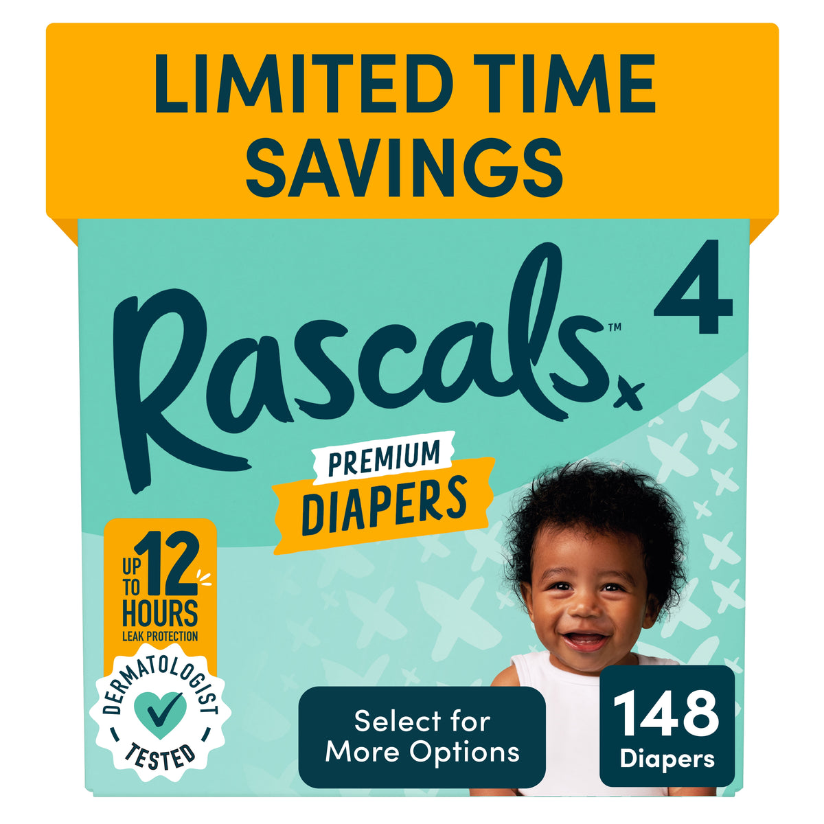 Rascals Premium Absorbent Baby Diapers Size 4, 148 Count