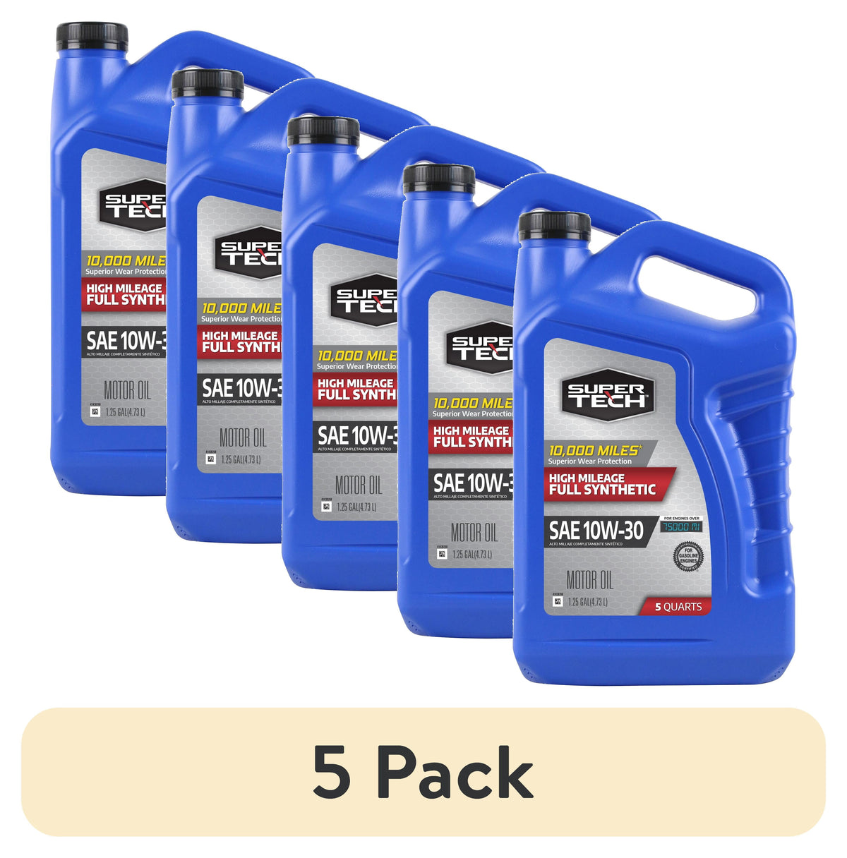 (2 pack) Super Tech High Mileage Full Synthetic SAE 10W-30 Motor Oil, 5 Quarts