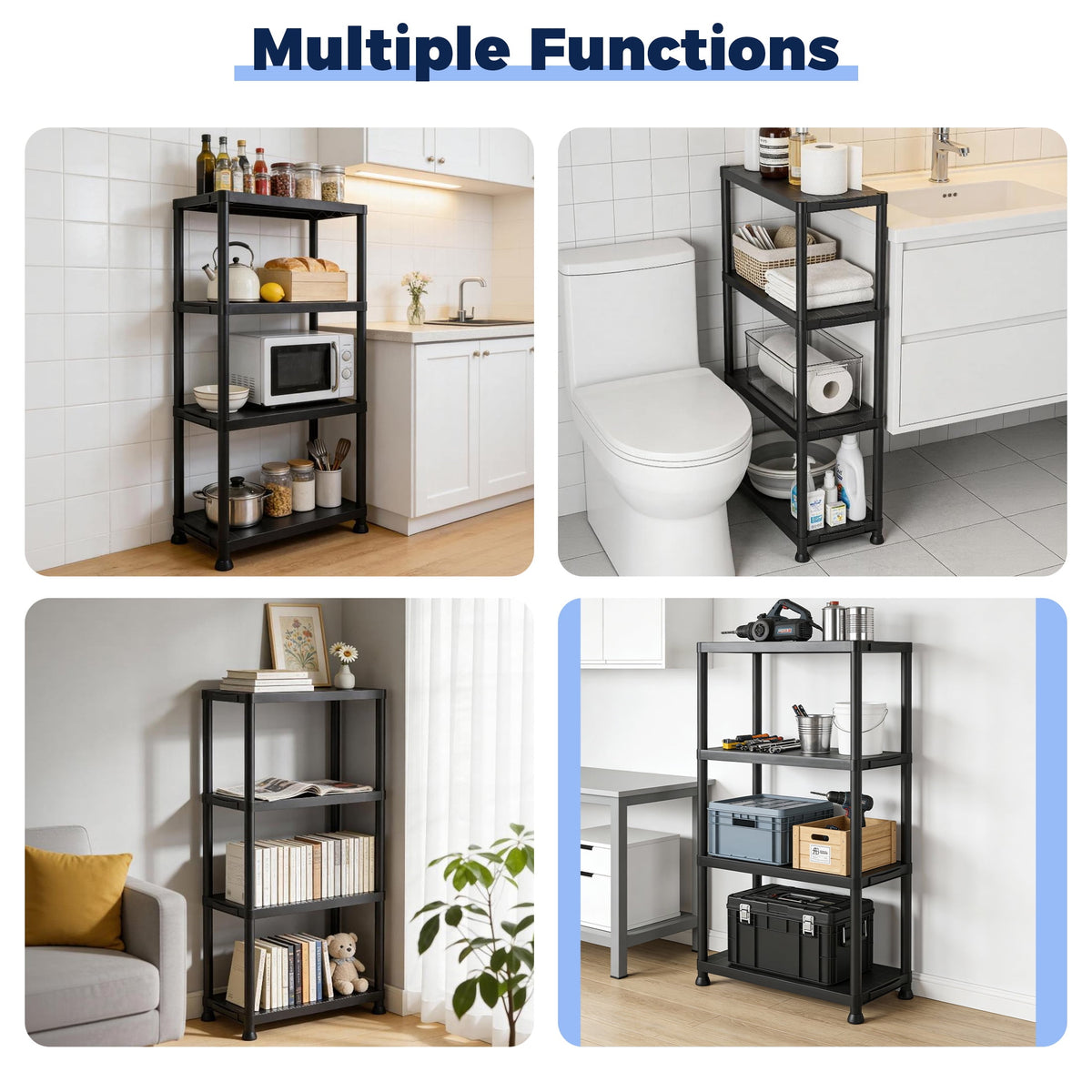 Plastic Shelves, 4-Shelf Storage rack, Multi-Purpose Storage Shelf, Plastic Storage Shelves for Storage Easy to Assemble for Garage Basement Kitchen Office Bedroom Bathroom