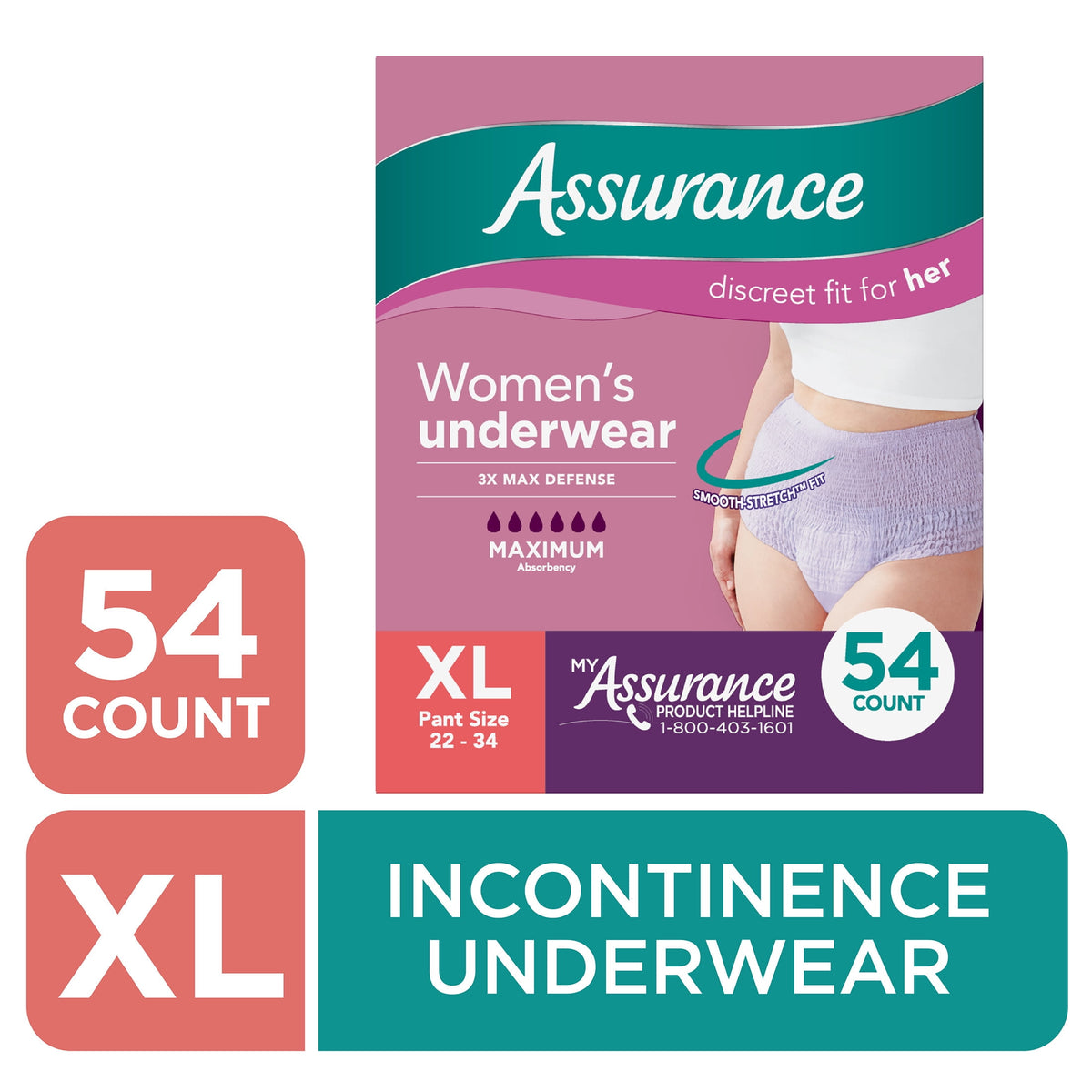 Assurance Women's Incontinence & Postpartum Underwear, X-Large , Maximum Absorbency, 72 Count