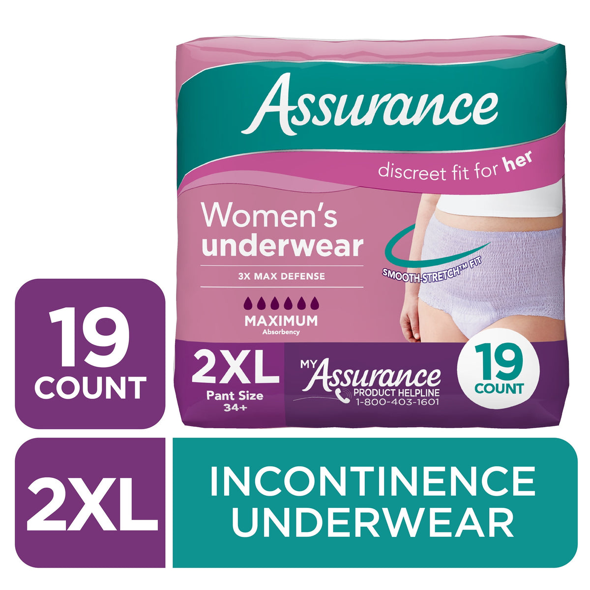 Assurance Women's Incontinence and Postpartum Underwear, XXL, Maximum Absorbency, 54 Count