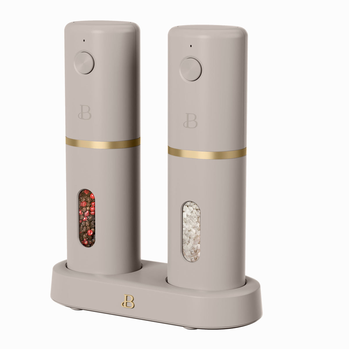 Beautiful 3-Piece Rechargeable Electric Salt and Pepper Grinder Set with Charging Base, Black Sesame by Drew Barrymore