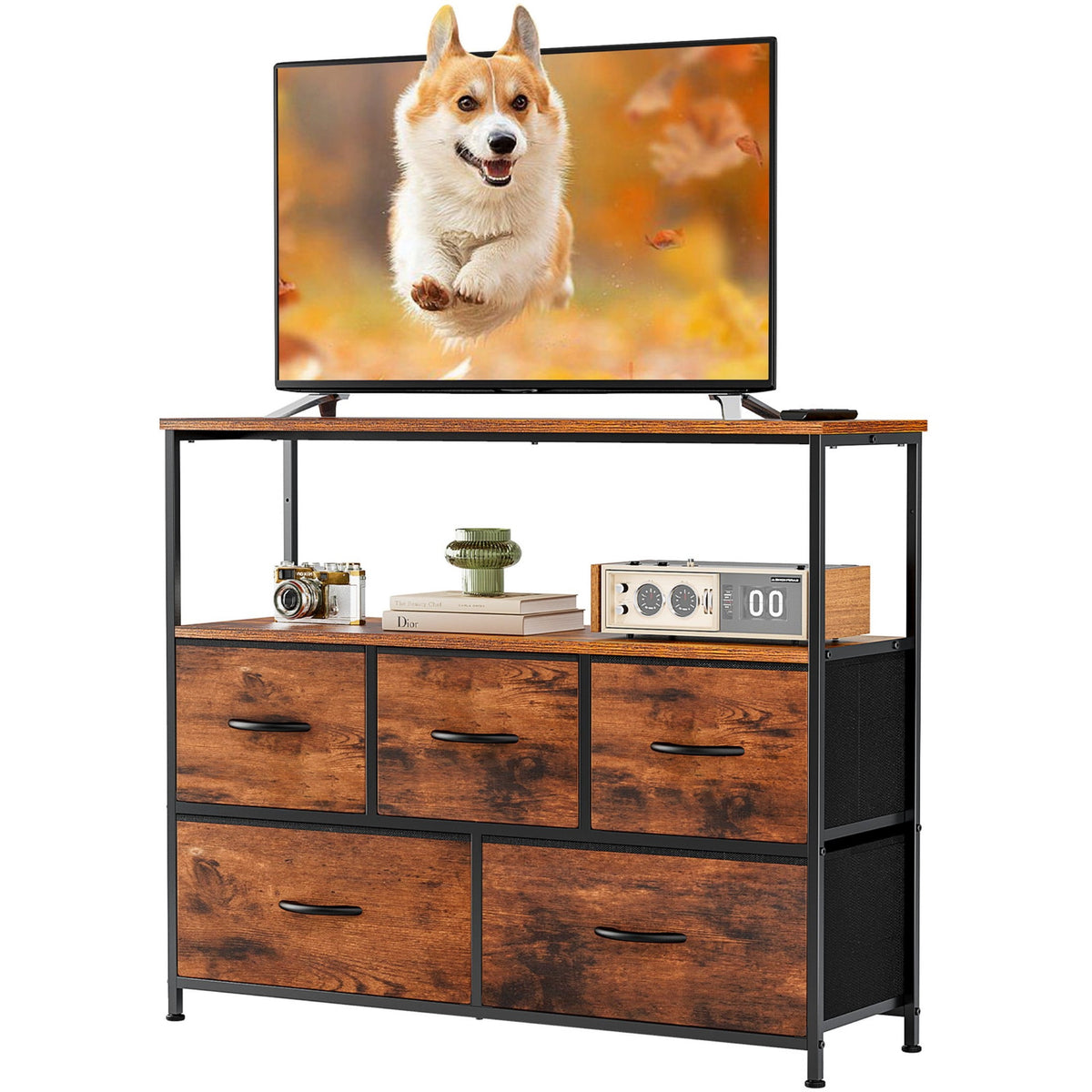 CONCETTA TV Stand Dresser with 5 Fabric Drawers and Open Shelving, Multi-functional Storage Unit Fits TV up to 45 inches for Bedroom Living Room Hallway, Black