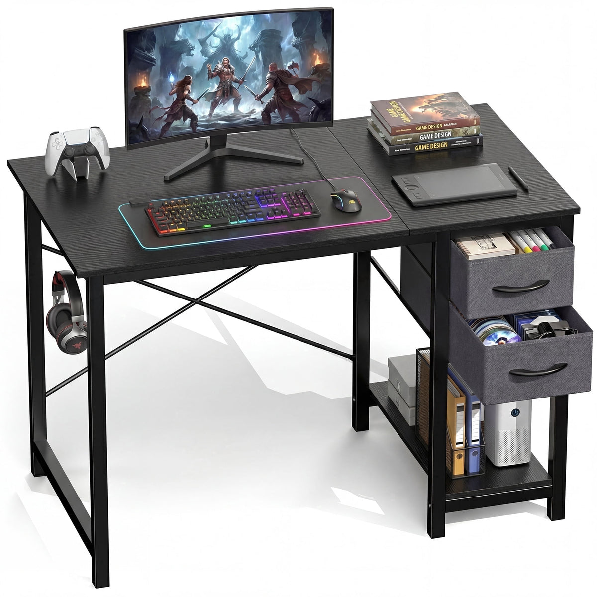 CONCETTA 40in Small Computer Desk with 2 Drawers, Side Headphone Hook, Writing Work Study Desk for Home, Rust Brown