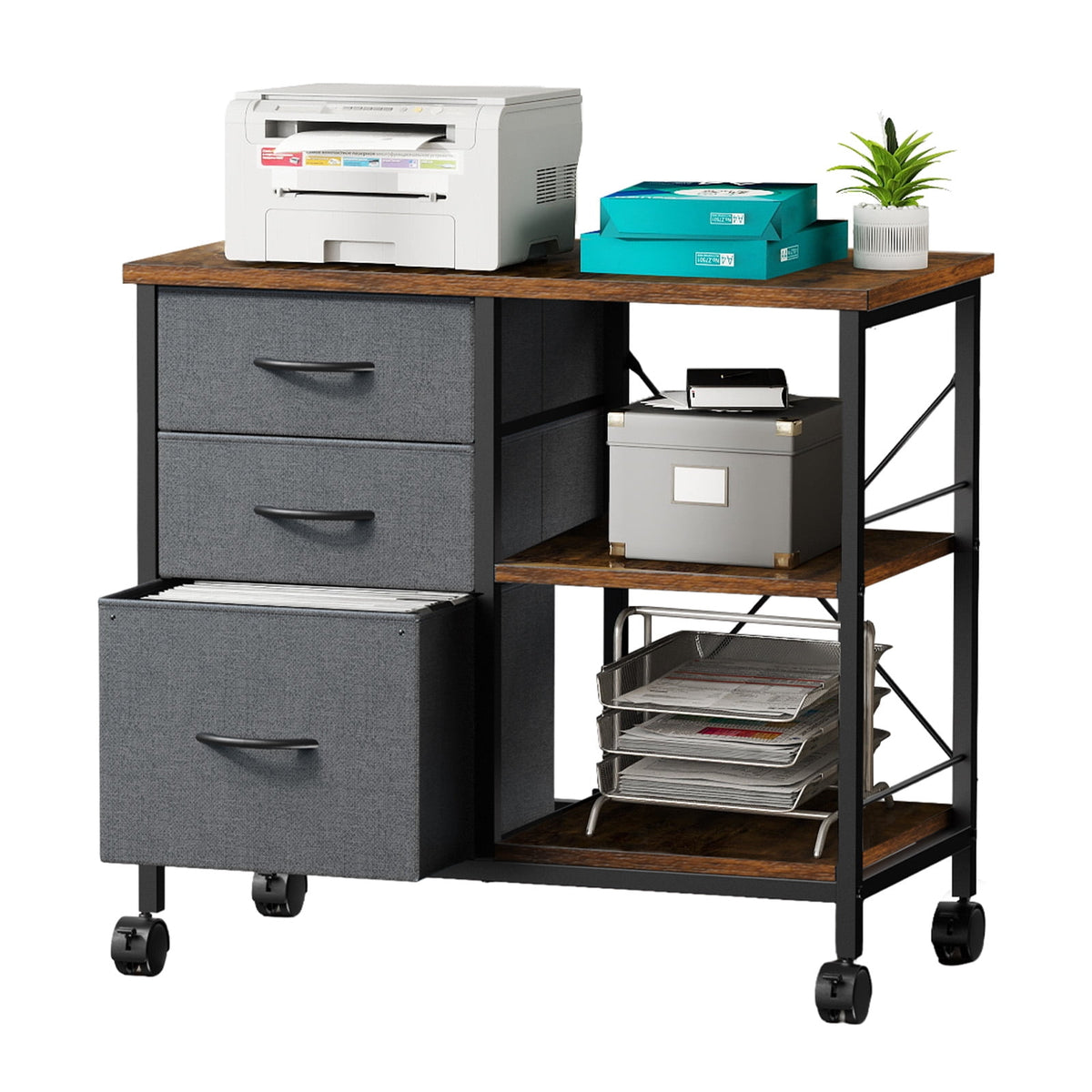 Gianna Rolling File Cabinet with 3 Drawers, Fabric Lateral Filing Storage for A4/Letter Size, Mobile Printer Stand with Open Shelf for Home Office, White