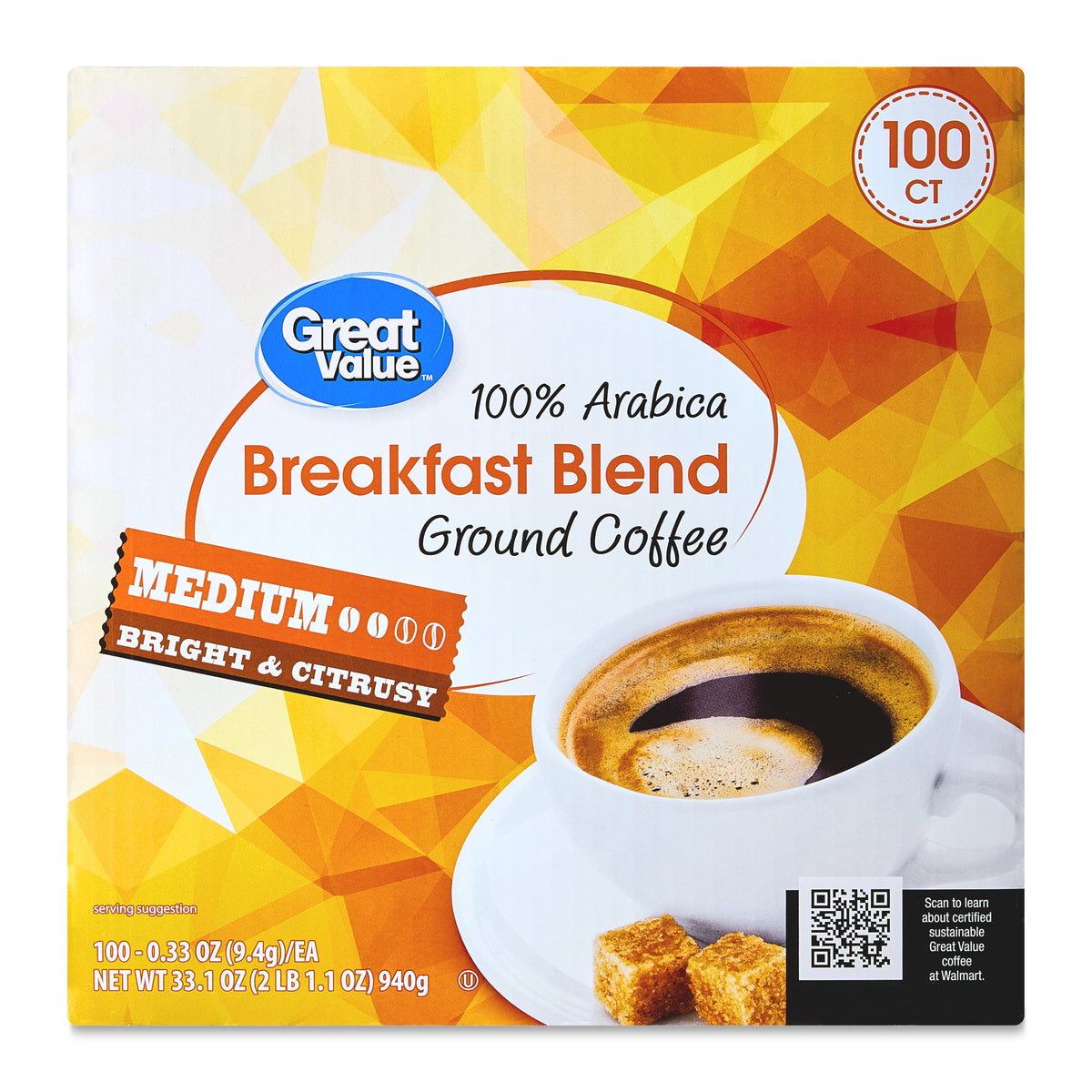 Great Value 100% Arabica French Dark Roast Ground Coffee Pods, 34.9 oz, 100 Count