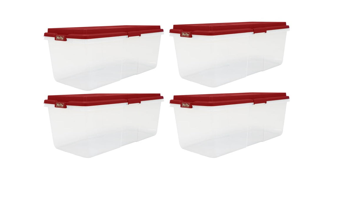 Hefty 113 Quart Clear Plastic Latched Christmas Storage Container, HIRISE Green Lid, Set of 4