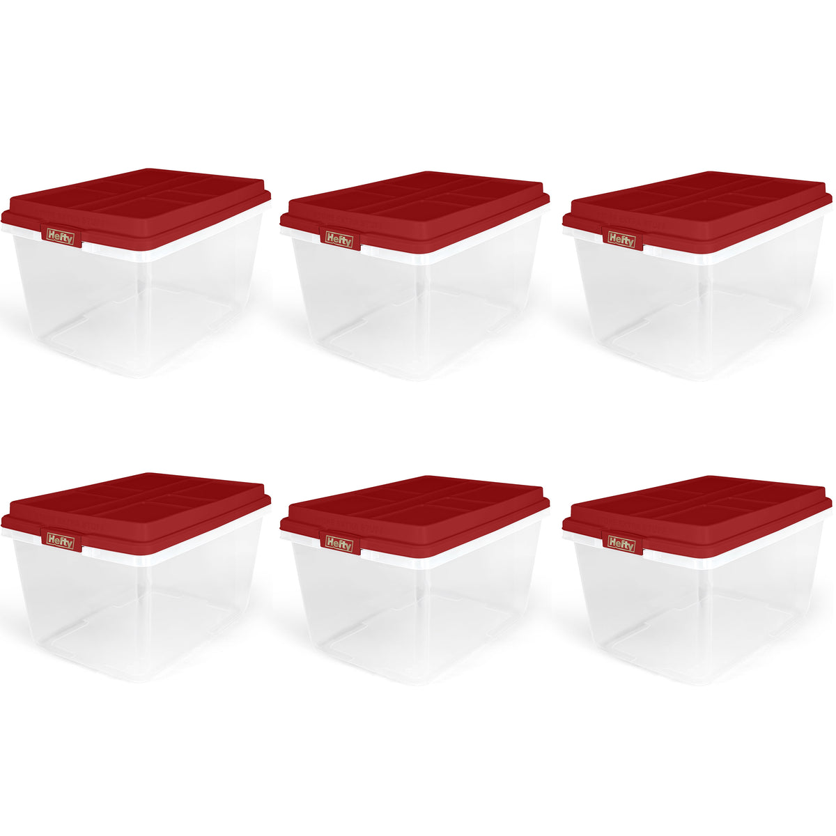Hefty 72 Quart Clear Plastic Christmas Storage Bin with Holiday Green HIRISE Lid, Set of 6