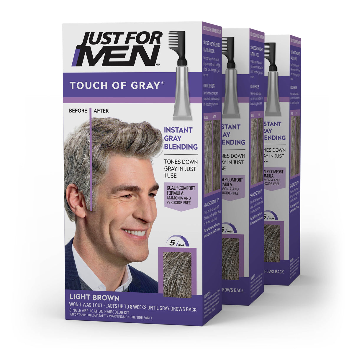 Just For Men Touch of Gray Haircolor, Gray Men's Hair Color - T-55 Black, (Pack of 3)