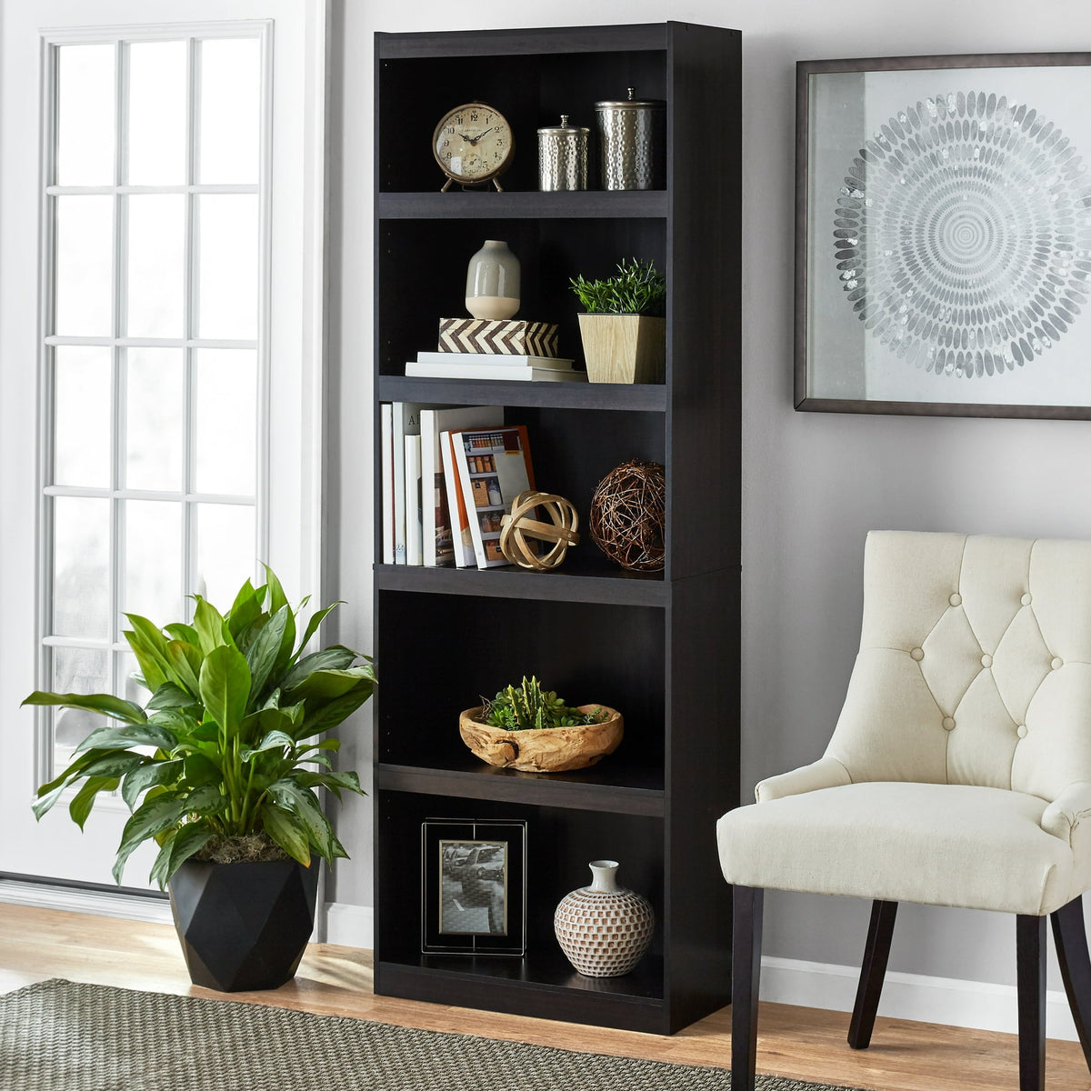 Mainstays Framed 5-Shelf Bookcase with Adjustable Shelves, True Black Oak