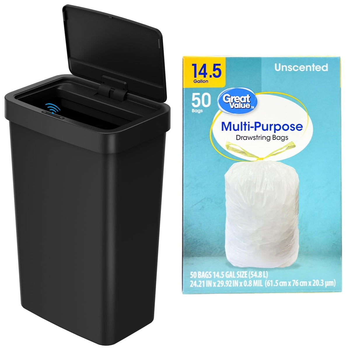 Mainstays Kitchen Motion Sensor Trash Can, 13.2 gal Plastic Automatic Garbage Bin, Black