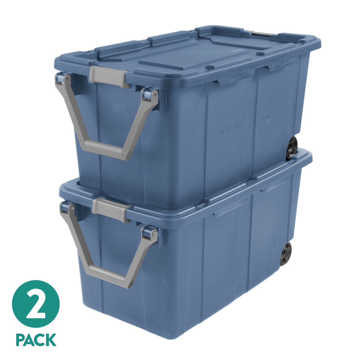 Sterilite Extra-Large Wheeled Industrial Storage Bin, 40 Gallon Durable Plastic Storage Tote with Latching Lid and Pull Handle, Black, 2 Pack