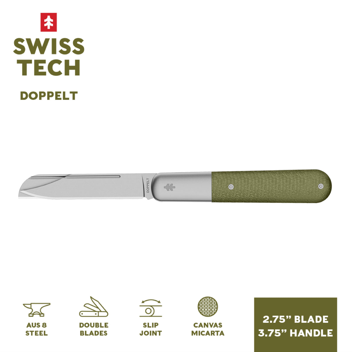 Swiss Tech Barlow Double Bladed Pocket Knife, Trapper, AUS-8, Carbon Fiber Handle, Slip Joint