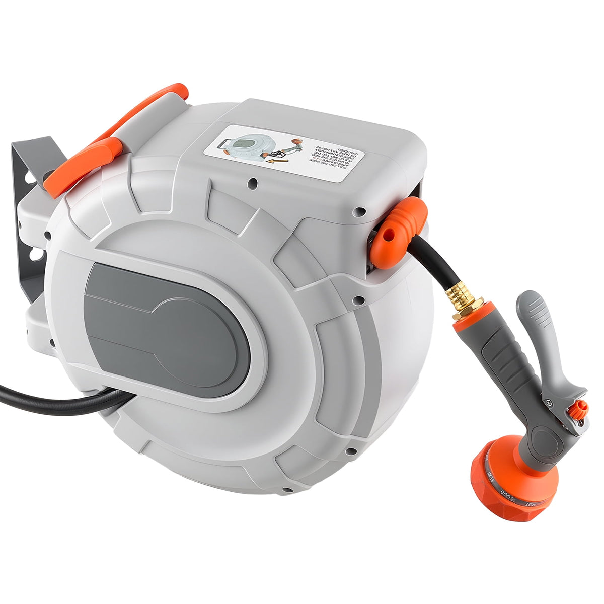 KFFKFF Retractable Garden Hose Reel, 1/2 in x 50 ft, Wall-Mounted with 9-Pattern Spray Nozzle, 180° Swivel Bracket, Adjustable Length Lock, Automatic Slow Rewind for Watering Tasks