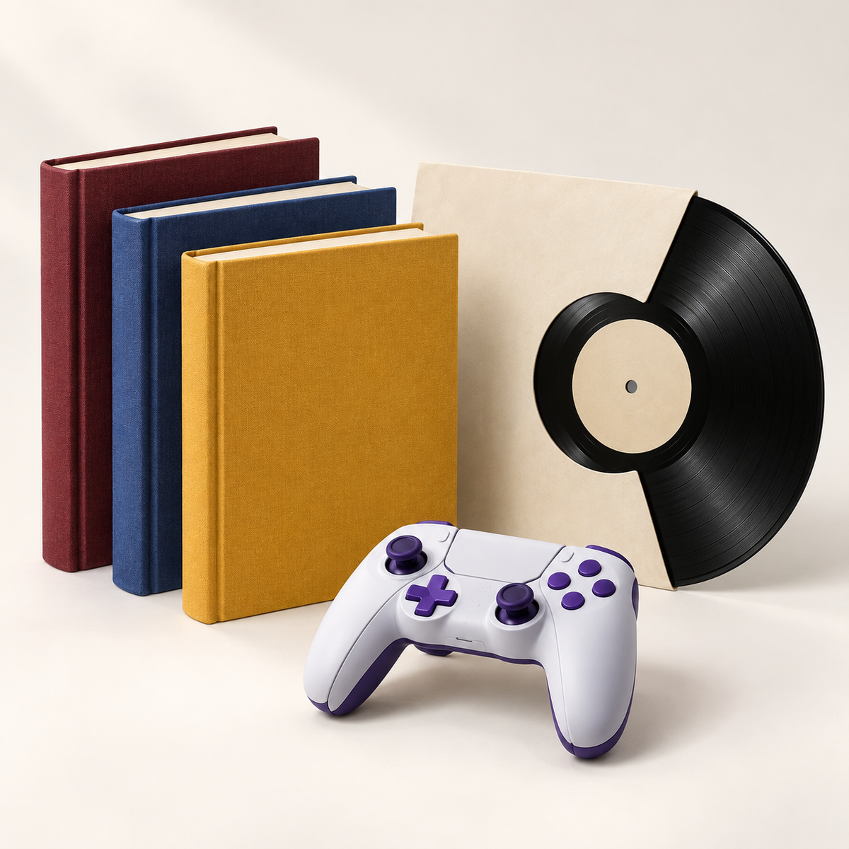 Books, Music & Video Games collection studio illustration