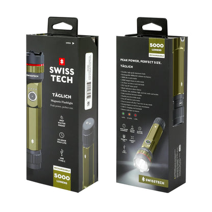 Swiss Tech 5000 Lumen Rechargeable LED Flashlight with IP67 Waterproof Protection and Magnetic Tailcap