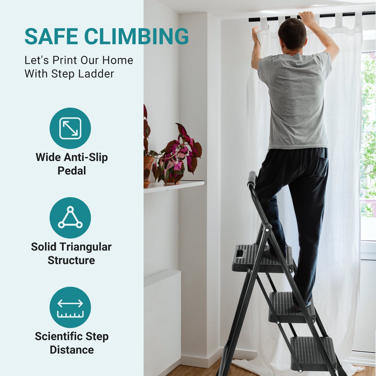 CONCETTA 3 Step Ladder, Folding Steel Step Stool with Wide Non-Slip Pedals, Safety Lock and Hand Grip, 330 lb Capacity, Portable Ladder for Home, Kitchen and Garage,Black