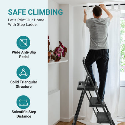 CONCETTA 3 Step Ladder, Folding Steel Step Stool with Wide Non-Slip Pedals, Safety Lock and Hand Grip, 330 lb Capacity, Portable Ladder for Home, Kitchen and Garage,Black