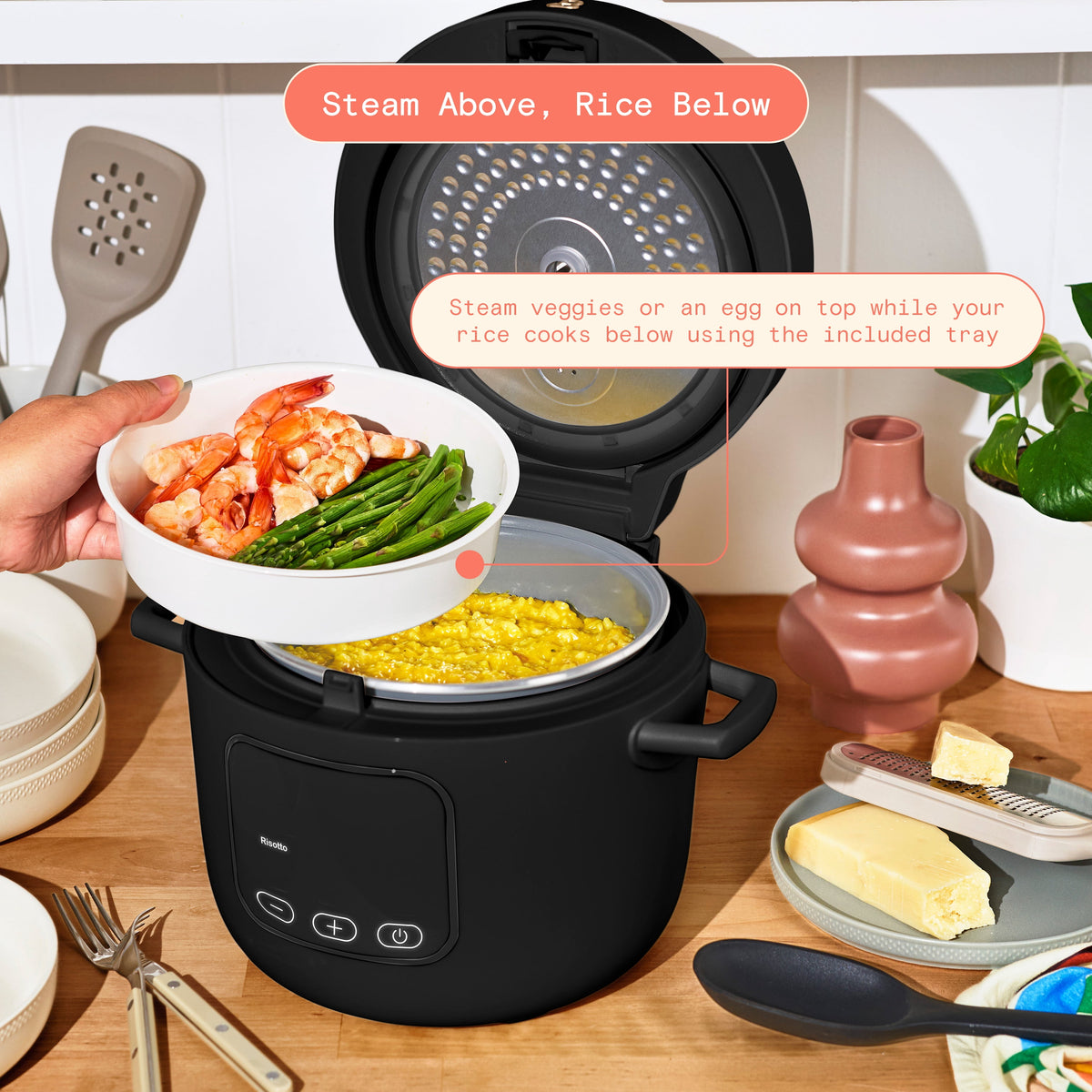 Beautiful 14-Cup Cooked, 6-Cups Uncooked Electric Rice and Grain Cooker, EverGood Ceramic Nonstick Coating, Black Sesame by Drew Barrymore