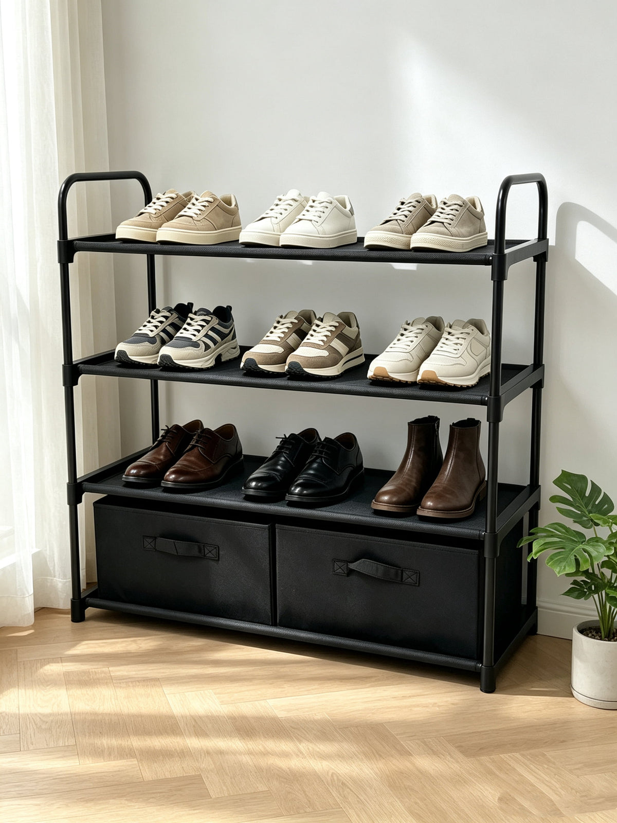 Mainstays 4-Shelf Closet Organizer with 2 Fabric Bins, Black, Metal Frame