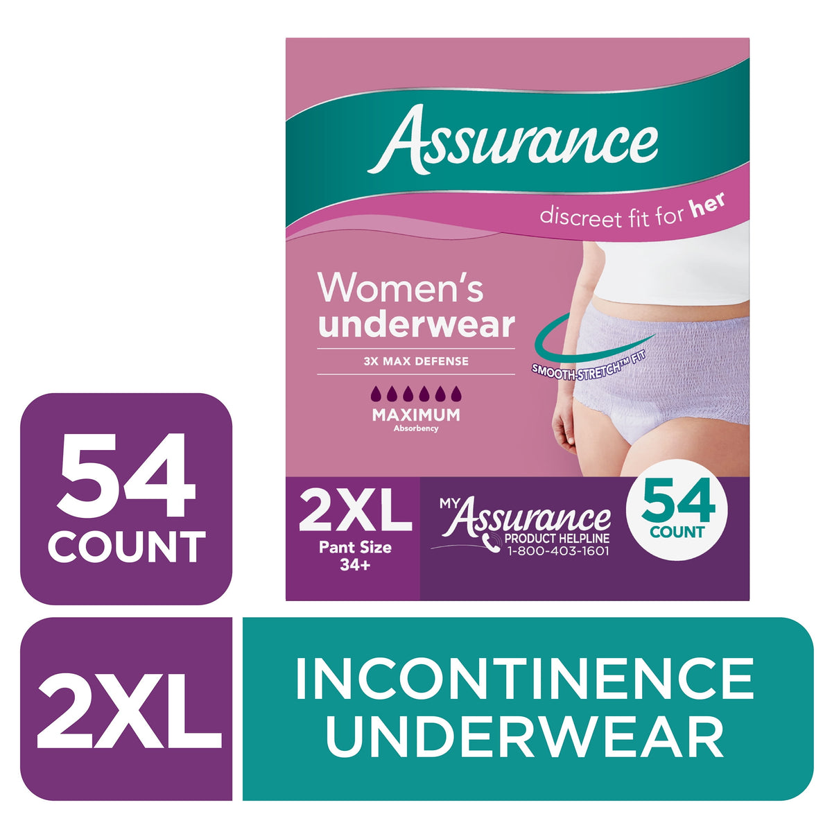 (2 pack) Assurance Women's Incontinence and Postpartum Underwear, XXL, Maximum Absorbency, 54 Count