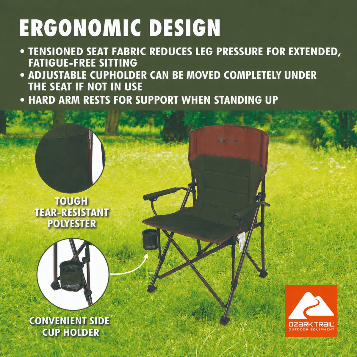 Ozark Trail Heavy Duty Hard Arm Camp Chair, Adjustable Cupholder, Tensioned Seat Fabric, Brown