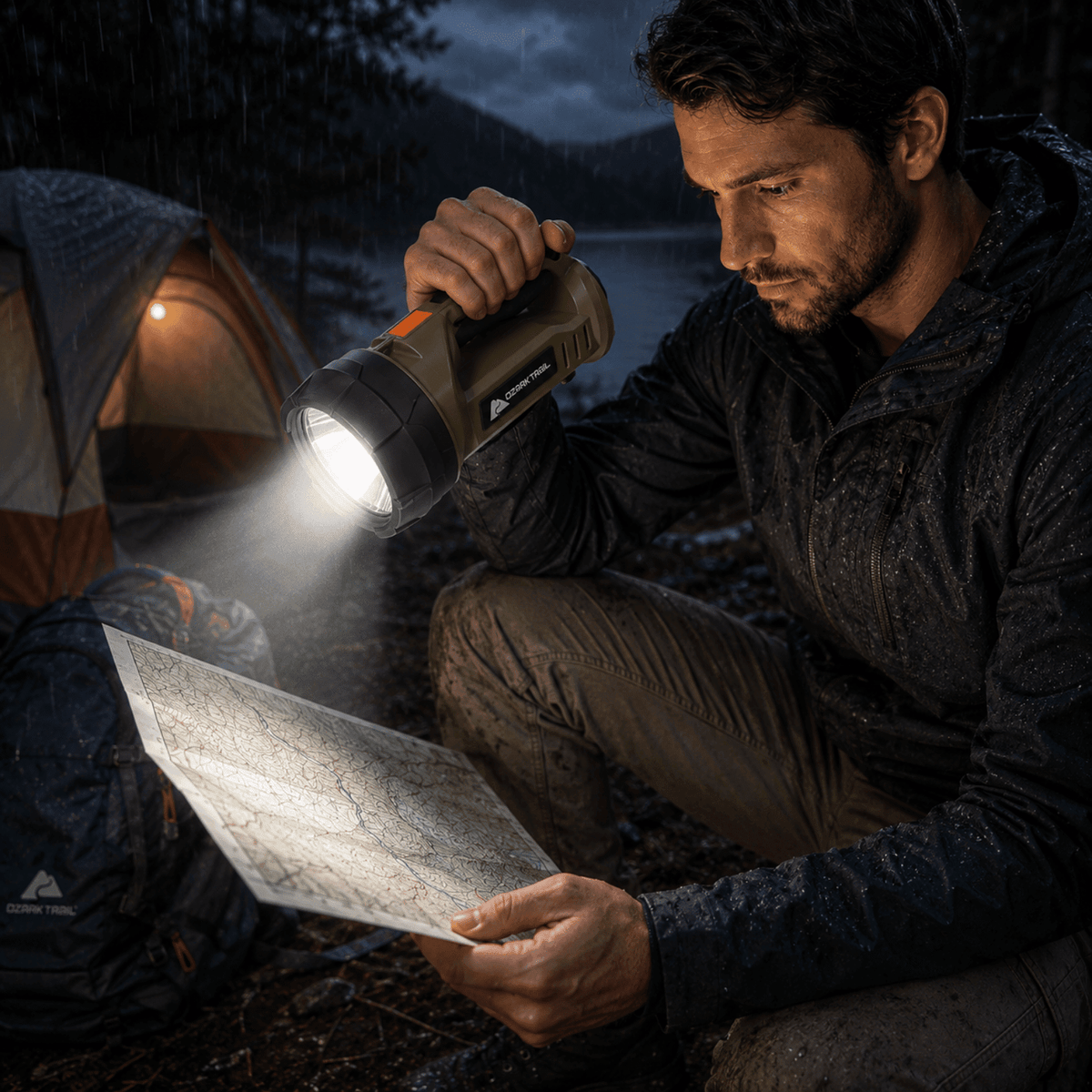 Ozark Trail 4000 Lumen Dual Source Rechargeable Flashlight with 5000 mAh Power Bank, Olive