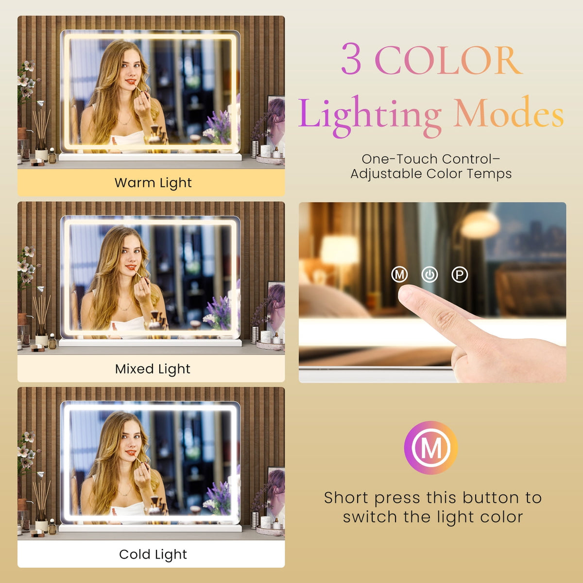 Gianna 19"x22" LED Vanity Mirror with Lights, Dimmable 3-Color Modes, Touch Screen Makeup Mirror for Dressing Table, White Square Design
