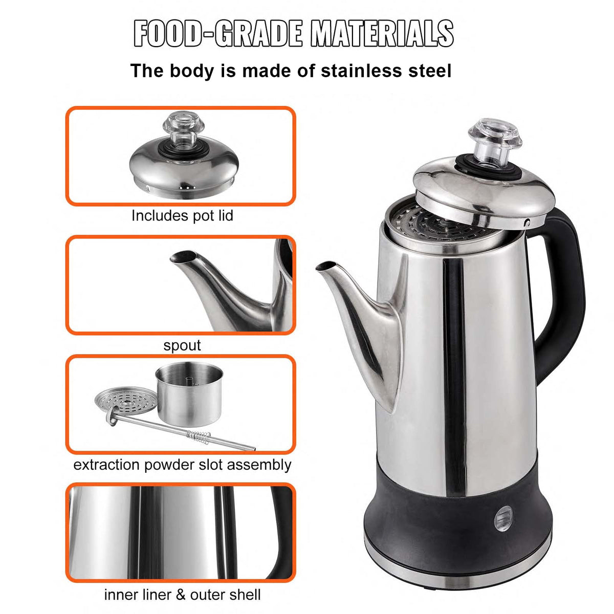 KFFKFF 12-Cup Electric Percolator Coffee Pot Stainless Steel Coffee Maker Silver