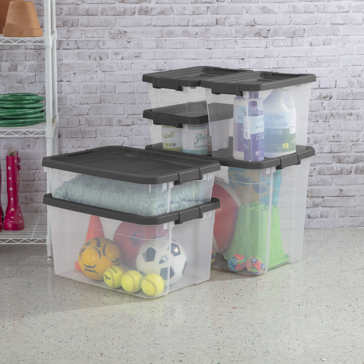 Sterilite Small Storage Bin, 30 Quart Clear Plastic Storage Container with Latch Lid, Dark Gray, Pack of 6