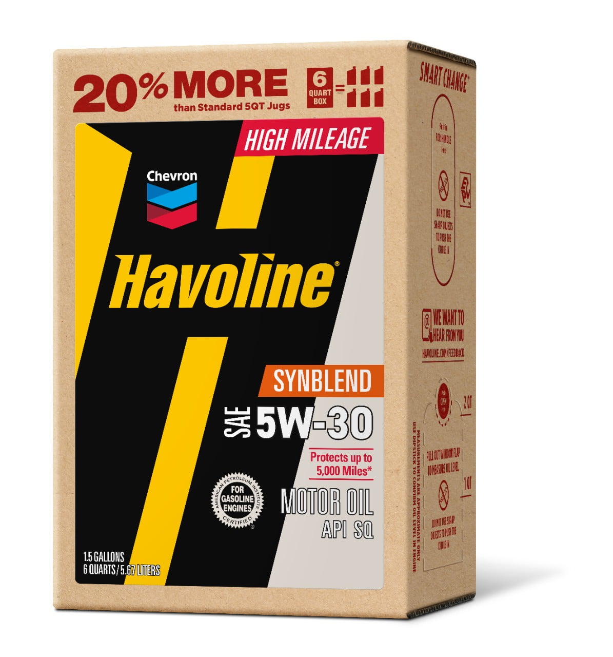 Chevron Havoline High Mileage Synthetic Technology Motor Oil 5W-30, 6 Quart Smart Change Box Case (2-Pack)