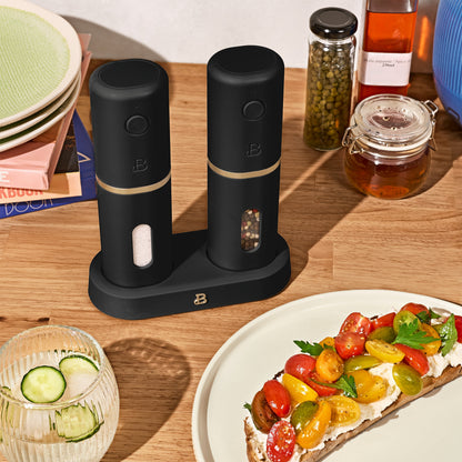 Beautiful 3-Piece Rechargeable Electric Salt and Pepper Grinder Set with Charging Base, Black Sesame by Drew Barrymore