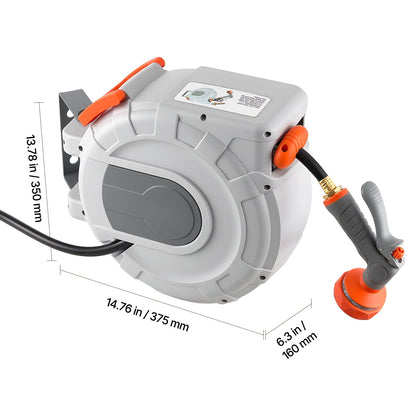 KFFKFF Retractable Garden Hose Reel, 1/2 in x 50 ft, Wall-Mounted with 9-Pattern Spray Nozzle, 180° Swivel Bracket, Adjustable Length Lock, Automatic Slow Rewind for Watering Tasks