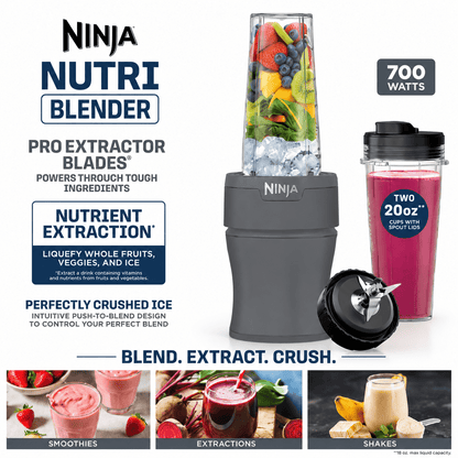Ninja Nutri-Blender 20-Oz Personal Blender, (2) 20-Oz Dishwasher-Safe To-Go Cups, Smoothie, BN300GY Gray