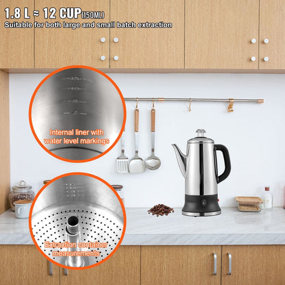 KFFKFF 12-Cup Electric Percolator Coffee Pot Stainless Steel Coffee Maker Silver