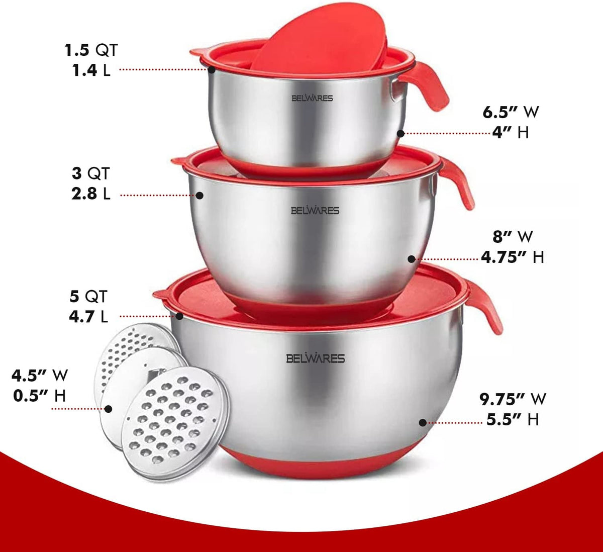 Mixing Bowls with Lids Set of 3, Stainless Steel Nesting Bowls with Red Airtight Lids, Graters, Non-Slip Base and Handles, Bowl Set for Prep, Mixing, and Food Storage