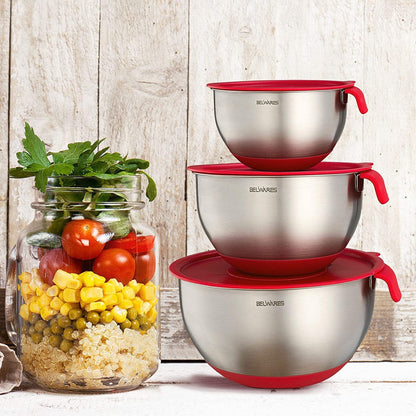 Mixing Bowls with Lids Set of 3, Stainless Steel Nesting Bowls with Red Airtight Lids, Graters, Non-Slip Base and Handles, Bowl Set for Prep, Mixing, and Food Storage