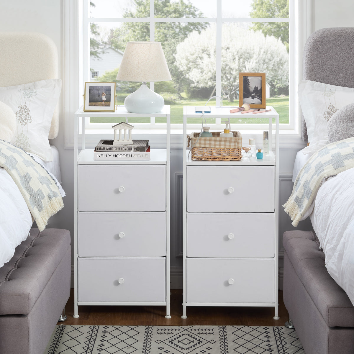 Mainstays 3 Drawer Fabric Nightstand with USB, Arctic White Boucle