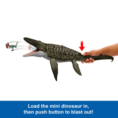 Jurassic World Rebirth Bite N Blast Mosasaurus Action Figure and Mini Dilophosaurus, Dinosaur Toy