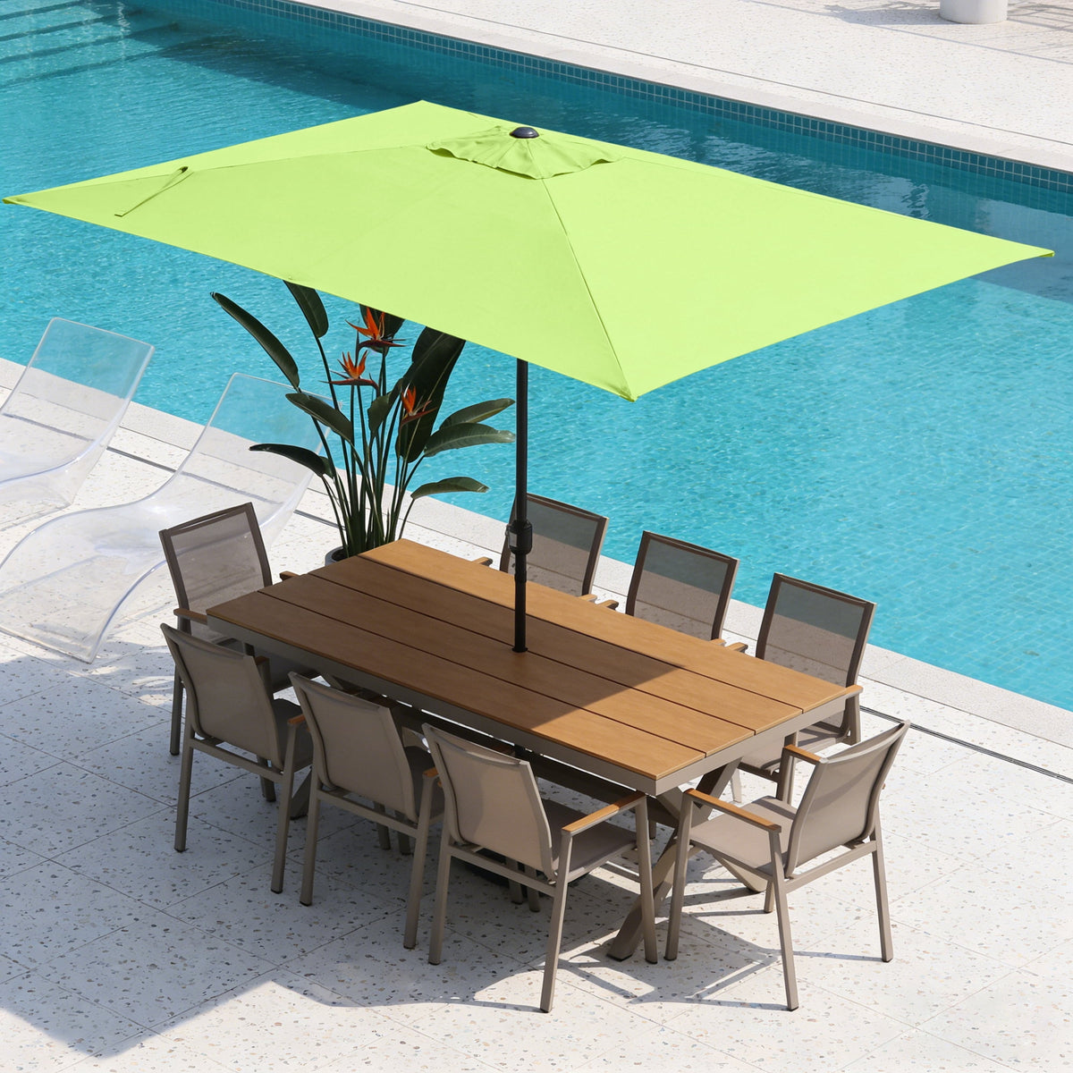 Abble 10x6.5ft Rectangular Patio Umbrella with Crank Handle, Outdoor Market Umbrella with 6 Sturdy Umbrella Ribs, Waterproof, Green