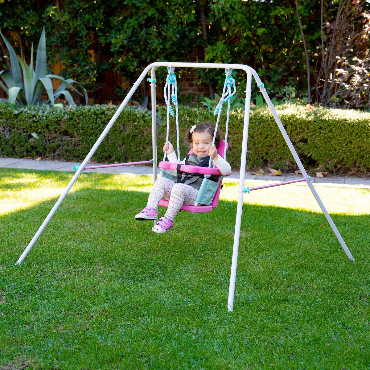 Sportspower Indoor/Outdoor My First Toddler Metal Swing with Safety Harness, Foldable Frame