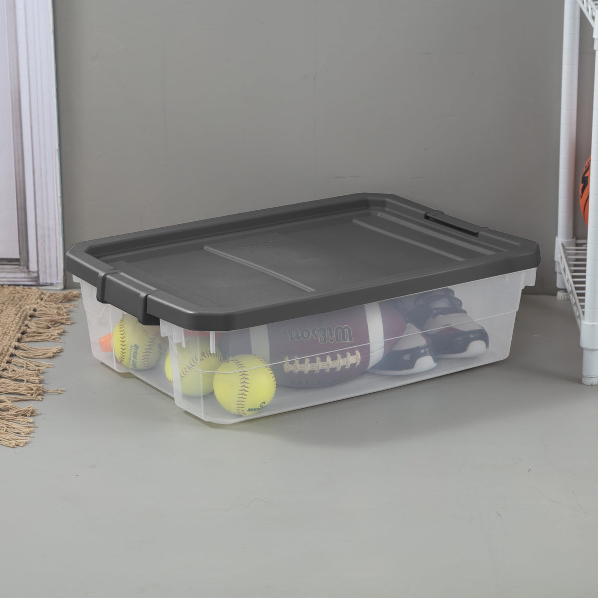 (2 pack) Sterilite 40 Quart Medium Stackable Storage Bin, Clear Plastic Underbed Storage Container with Latch Lid, Dark Gray