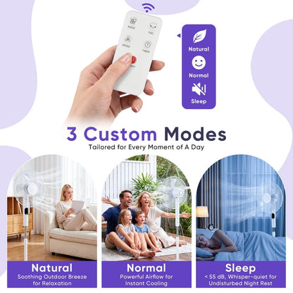 Gianna Quiet Pedestal Fan with Remote, Standing Floor Fan for Bedroom, Home Office - 15H Timer, 3 Speed & 3 Wind Modes, 80°Oscillating, Adjustable Height，White