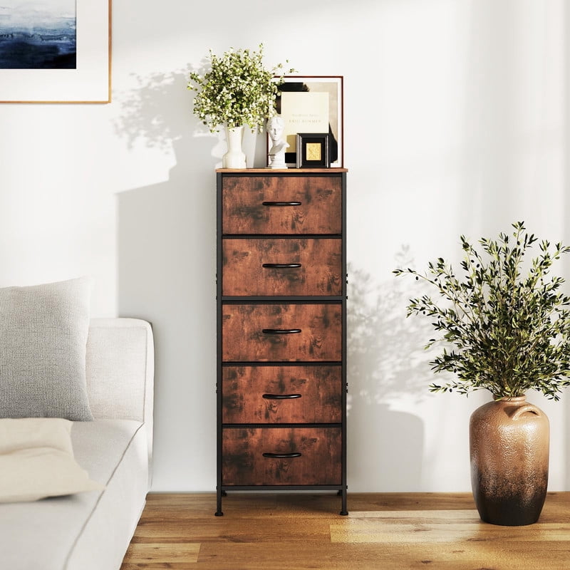 Kelno 5 Drawer Fabric Dresser Steel Frame Storage Chest Organizer with Wood Top, Rustic Brown