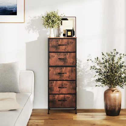 Kelno 5 Drawer Fabric Dresser Steel Frame Storage Chest Organizer with Wood Top, Rustic Brown