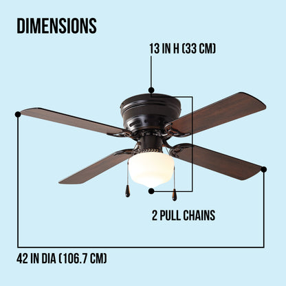 Mainstays 42 in Hugger Indoor Ceiling Fan with Light Kit, Black, 4 Blades, Reverse Airflow